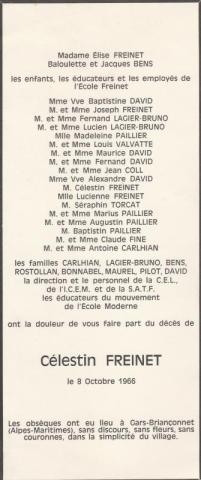 Faire part du décès de C. Freinet ( fonds Philippe Geneviève)