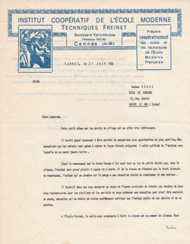 Lettre d'Elise Freinet à Emilienne Reuge 1956
