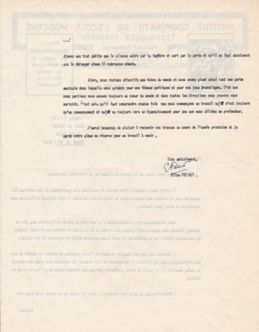 Lettre d'Elise Freinet à Emilienne Reuge 1956