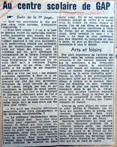 Article de Rouge-Midi sur le centre scolaire de Gap (1945)
