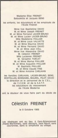 Faire part du décès de C. Freinet ( fonds Philippe Geneviève)