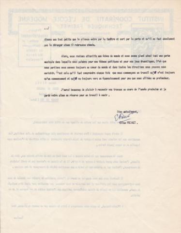 Lettre d'Elise Freinet à Emilienne Reuge 1956